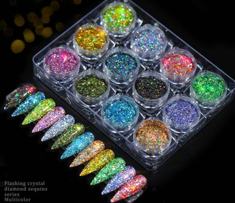 Nail Glitter Powders Flashing Crystal Diamond Sequins Series Multicolour Suit Fine Shinning Mixed Package Summer 12 jar/box